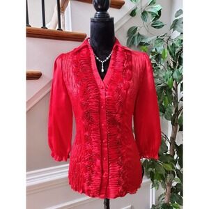 New Directions Women Red Polyester Collared Neck Long Sleeve Button Down Shirt S